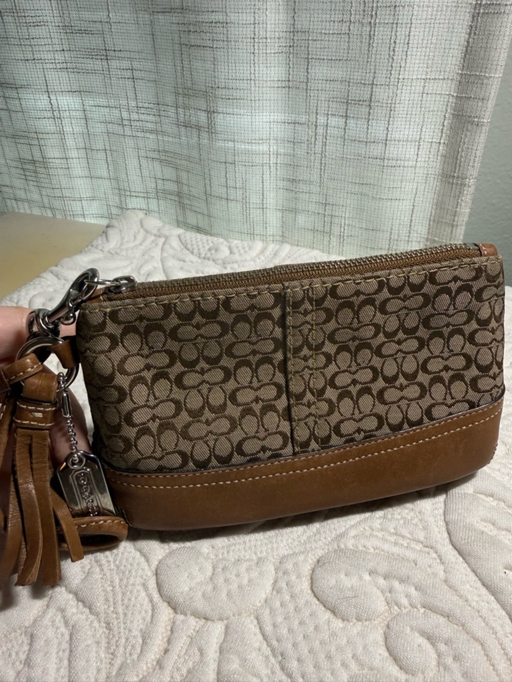 Coach Brown Signature Canvas Wristlet with Leather Trim